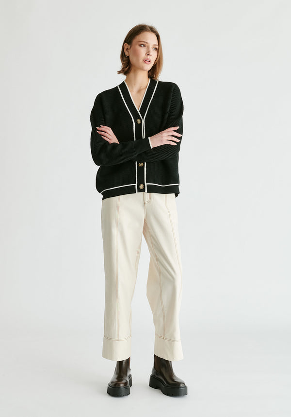 Ribbed Cardigan with Contrast Trim